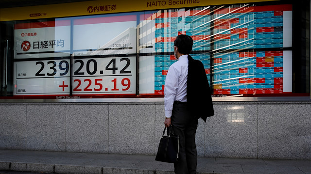 A man wearing a protective mask, following the coronavirus disease (COVID-19) outbreak, looks at a screen showing Nikkei index outside a brokerage in Tokyo, Japan November 5, 2020. 

