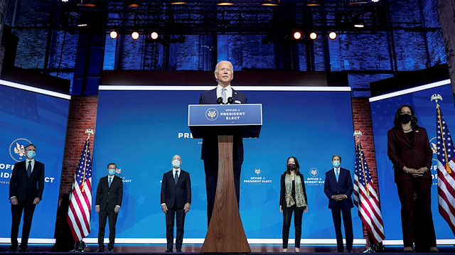 
President-elect Joe Biden stands with his nominees for his national security team at his transition headquarters in the Queen Theater in Wilmington, Delaware, US, November 24, 2020.