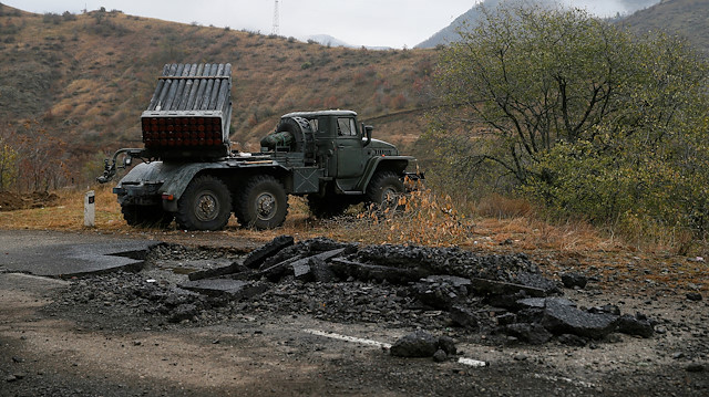 A view shows a multiple rocket launcher of the ethnic Armenian military forces near Lachin i