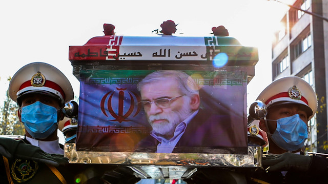 Members of Iranian forces carry the coffin of Iranian nuclear scientist Mohsen Fakhrizadeh during a funeral ceremony in Tehran, Iran November 30, 2020.