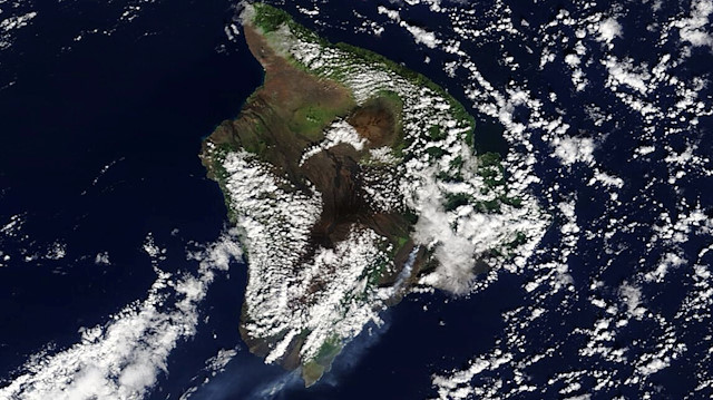 A NASA's Terra/Modis satellite image distributed by Maxar Technologies shows an overview of Hawaii and the erupting Kilauea volcano December 21, 2020.