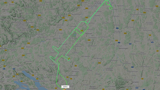 A flightradar24.com handout photo received on December 27, 2020 shows the flight track for a D-ENIG plane that traced a syringe on the maps in Germany to celebrate the arrival of a COVID-19 vaccine. The flight between Friedrichshafen and Ulm took place on December 23, 2020. Mandatory credit FLIGHTRADAR24.COM/via REUTERS