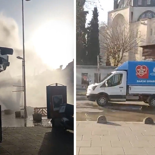 Üsküdarda İSKİ ekiplerinin çalışması sırasında su borusu patladı: Metrelerce yükselen sular caddeyi göle çevirdi