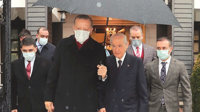 Erdoğan, kendisini kapıda karşılayan Bahçeli ile selamlaştıktan sonra yağmur nedeniyle şemsiyesini alarak “Elhamdülillah rahmetle geldik” dedi. Bahçeli, Erdoğan’ı, görüşmenin ardından makam aracına kadar eşlik ederek uğurladı.