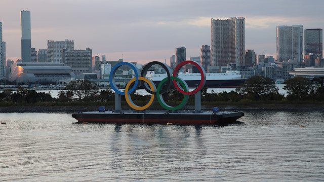 File photo: Floating olympic rings installed in Tokyo Gulf

