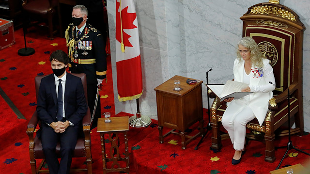 Canada's Governor General Julie Payette delivers the Throne Speech in the Senate as Canada's Prime Minister Justin Trudeau listens, as parliament prepares to resume in Ottawa, Ontario, Canada September 23, 2020.