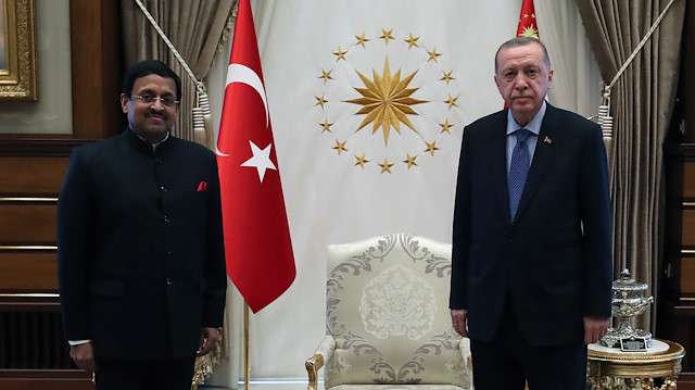 Turkish President Recep Tayyip Erdogan and Indian ambassador to Turkey Sanjay Panda