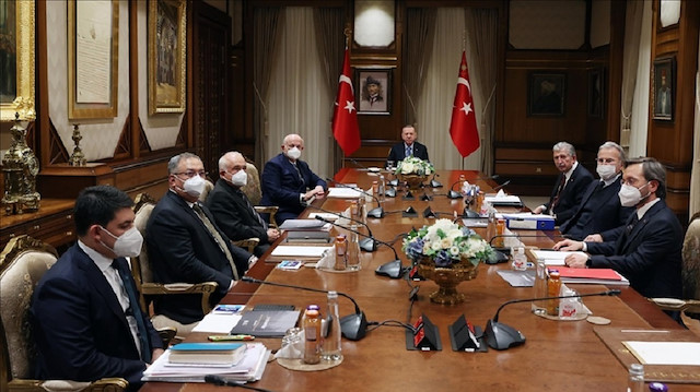 President of Turkey, Recep Tayyip Erdogan (C) leads High Advisory Board Meeting at the Presidential Complex in Ankara, Turkey on January 27, 2021. ( Murat Kula - Anadolu Agency )