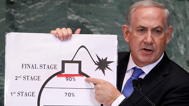 Israel's Prime Minister Benjamin Netanyahu points to a red line