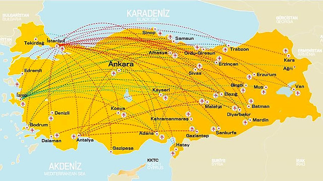 Türkiye'nin iç uçuş haritası. 