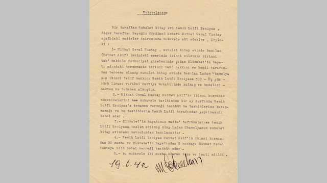 Mithat Cemal’in Mehmet Akif kitabının 2. cildi için hazırlanmış mukavelename sureti.