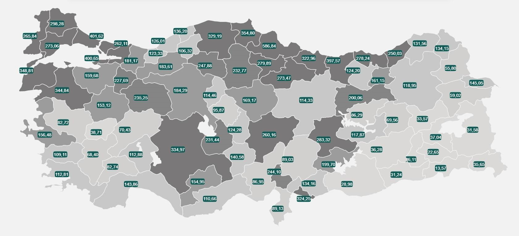 Türkiye risk haritası: İllere Göre Haftalık Vaka Sayısı (100 binde)