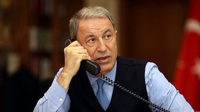 Turkish National Defense Minister Hulusi Akar holds a phone call with United States Secretary of Defense Lloyd James Austin in Ankara, Turkey on April 1, 2021. 