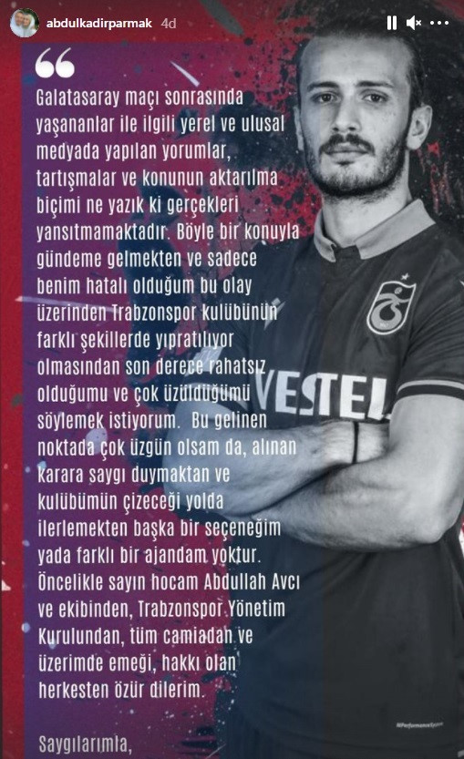Abdulkadir Parmak'ın Instagram'dan yaptığı açıklama.
