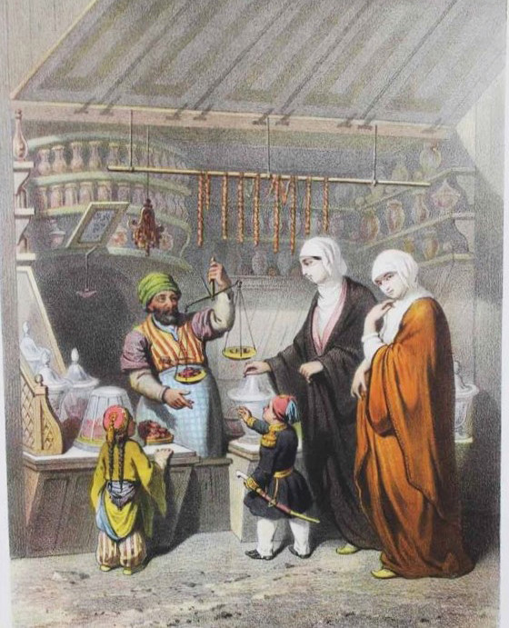 Joseph Schranz’ın 1850’lerde Kapalıçarşı’da Şekerci konulu gravürü.