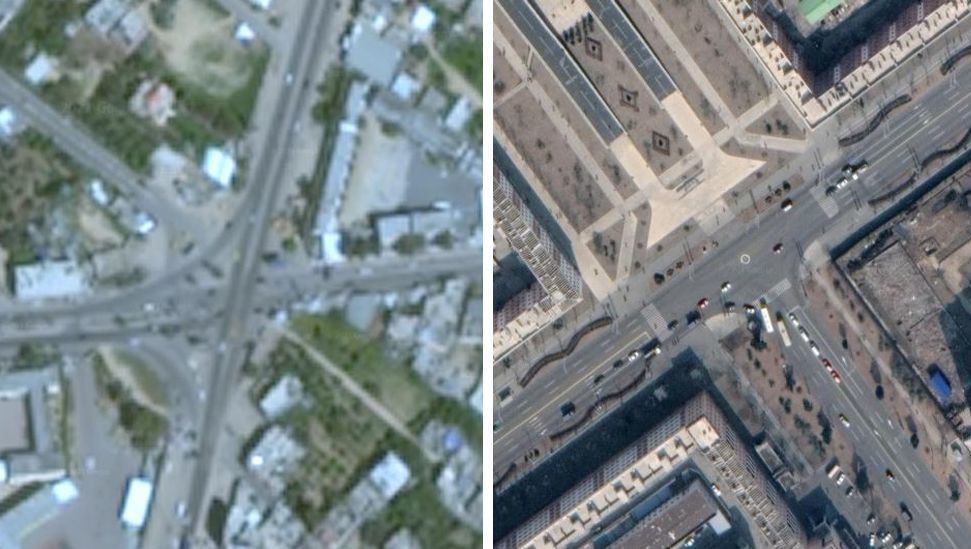 Solda Gazze'nin Google Earth görüntüsü ve sağda Kuzey Kore Pyongyang'ın en son mevcut görüntüsü. Yani aslında Kuzey Kore'deki cadde ve sokaklar bile net biçimde görünürken Gazze'de bu şekilde görünüyor olması milyonlarca kişi tarafından sorgulanıyor. 
