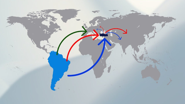 Güney Amerika'dan sevk edilen kokainin Türkiye üzerinden Avrupa ve Asya'ya dağıtımını gösteren harita.
