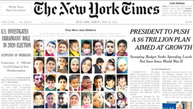 The New York Times İsrail'in saldırılarında ölen çocukları manşete taşıdı.