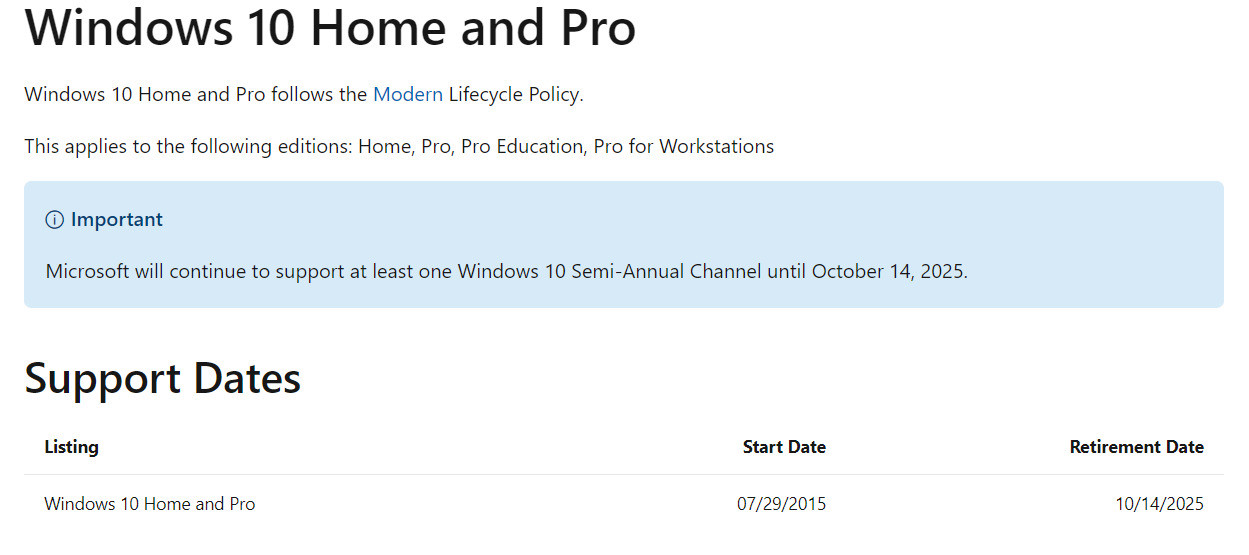 Microsoft, Windows 10 için desteğin 14 Ekim 2025'te tamamen sona erdiğini belirtiyor.