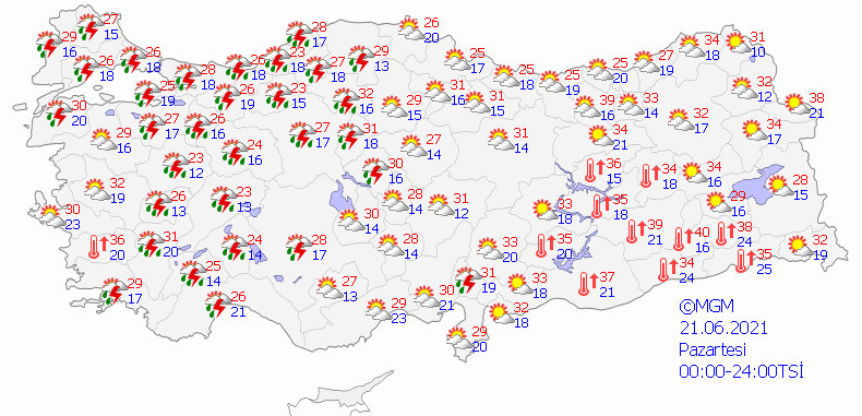 Meteorolojinin bugün için hava durumu tahmin haritası.
