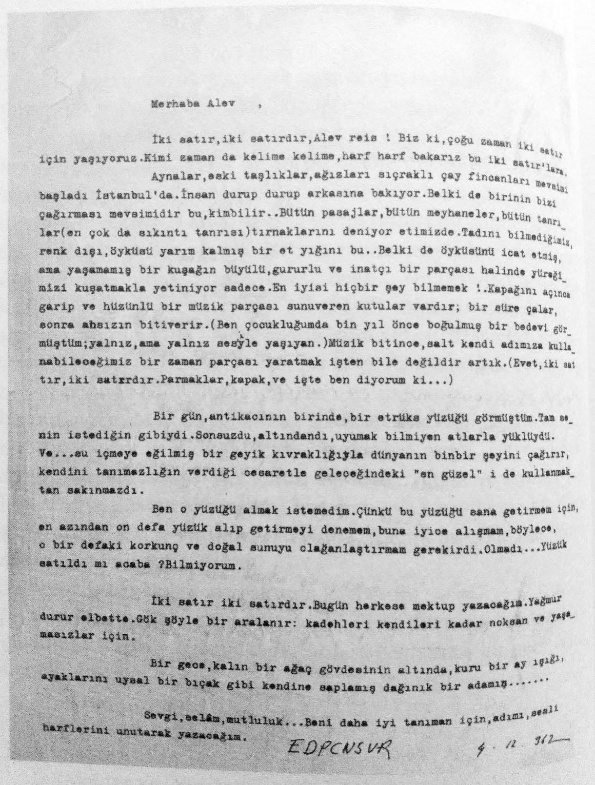 Edip Cansever’in 4 Aralık 1962 tarihli Alev Ebuzziya’ya mektubu