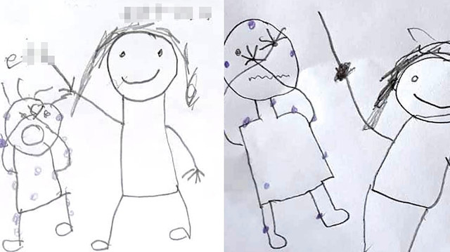 Mağdur küçük kız ve ağabeyi, başlarına gelenleri bu çizimlerle anlatmaya çalışmıştı.