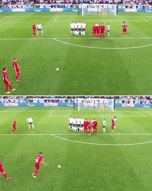Danimarkalı futbolcular İngiltere barajını dağıtıp kaleci Pickford'u şaşırtmaya çalıştı.