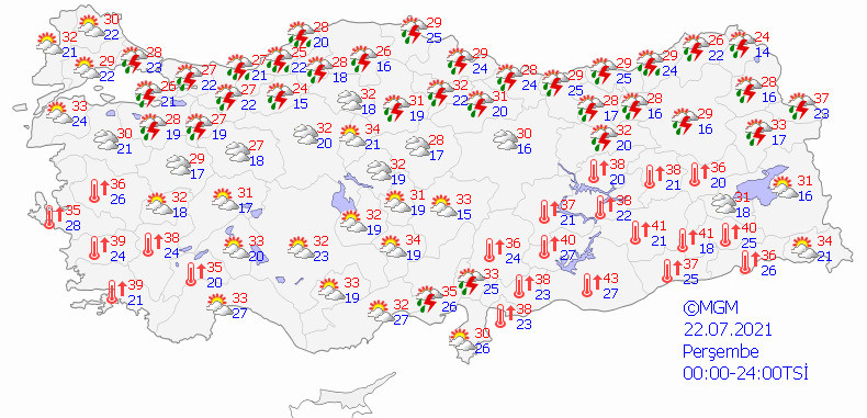 Bugün hava nasıl olacak? 22 Temmuz hava durumu tahmin haritası.