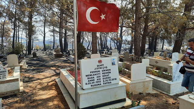  Alevler içinde kalan mezarlıkta şehit kabri ve Türk bayrağı yanmadı.