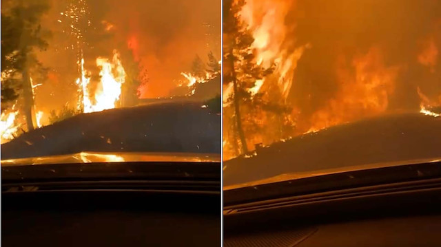 Araçta bulunanlar yangını böyle görüntüledi. 