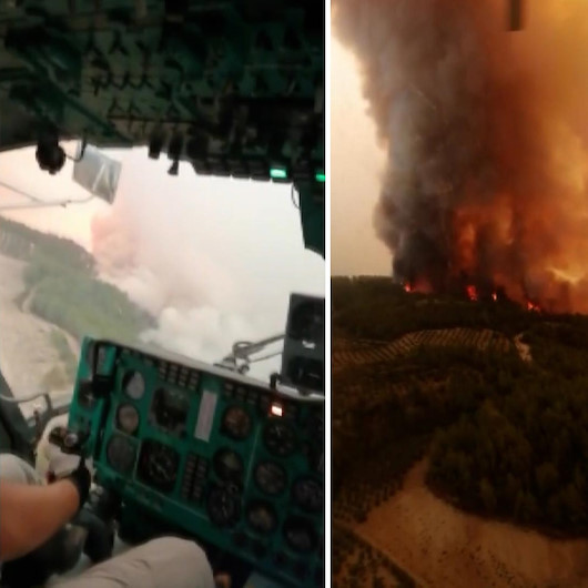 Helikopter pilotlarının yangına müdahale sırasında çektiği görüntüler paylaşıldı