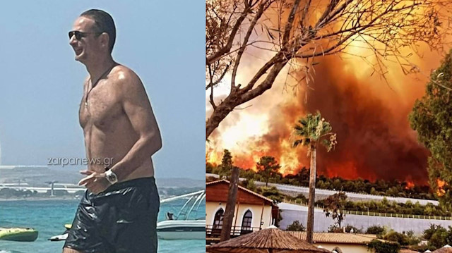 Yunanistan'da köylerin boşaltıldığı yangınla mücadele sürerken plajda poz veren Başbakan Kiryakos Miçotakis tepkilerin hedefinde