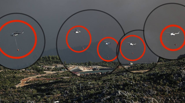 Antalya’nın Gündoğmuş ilçesinde alevlere müdahale eden 5 helikopter aynı karede