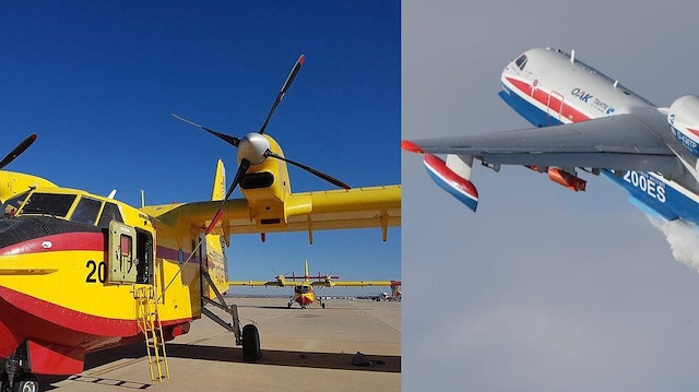 Kanada üretimi CL-215 (solda) Rusya üretimi BE-200 (sağda). 