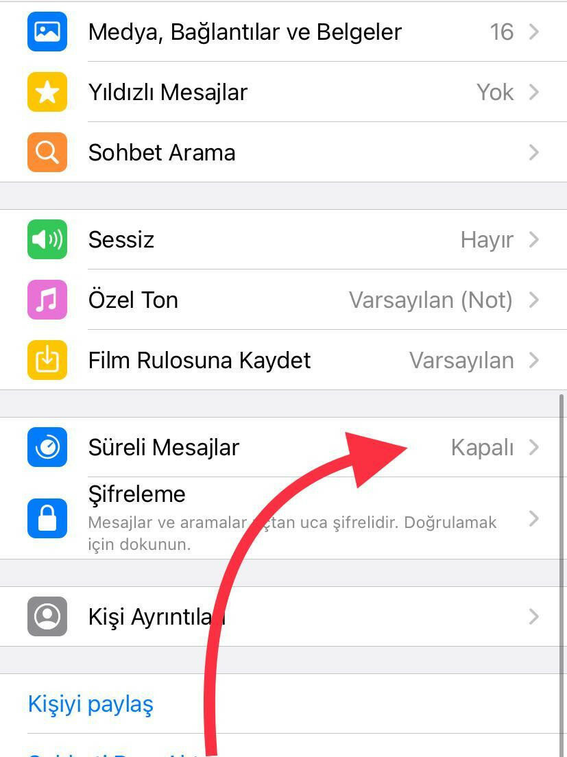 Karşı tarafa gönderilen mesajların 7 gün içinde silinmesini istiyorsanız 'Süreli Mesajlar' seçeneğini Açık olarak işaretlemeniz yeterli.