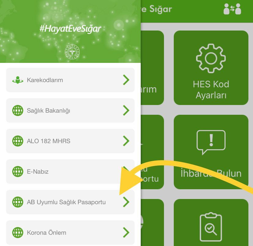 HES uygulamasının soldaki menüsü üzerinden AB uyumlu sağlık pasaportu seçeneğine tıklayıp HealthPass uygulamasını yüklemek gerekiyor.