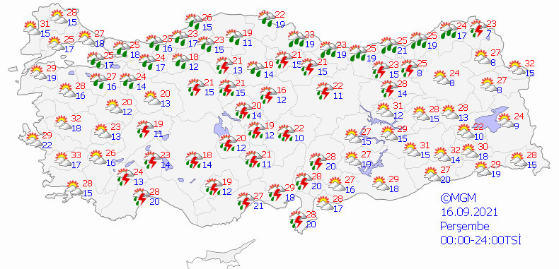 Meteorolojinin 16 Eylül için hava durumu tahmin haritası.