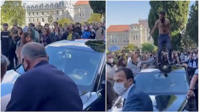 Boğaziçi Üniversitesi Rektörü Naci İnci'nin arabasının üzerinde protesto gösterisi 