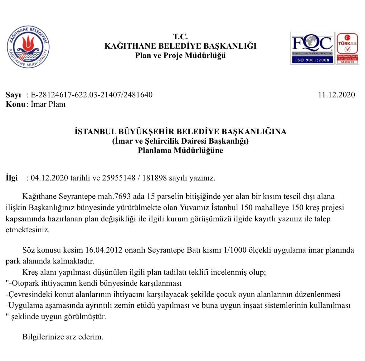 Kağıthane Belediyesi'nin gönderdiği cevap belgesi.