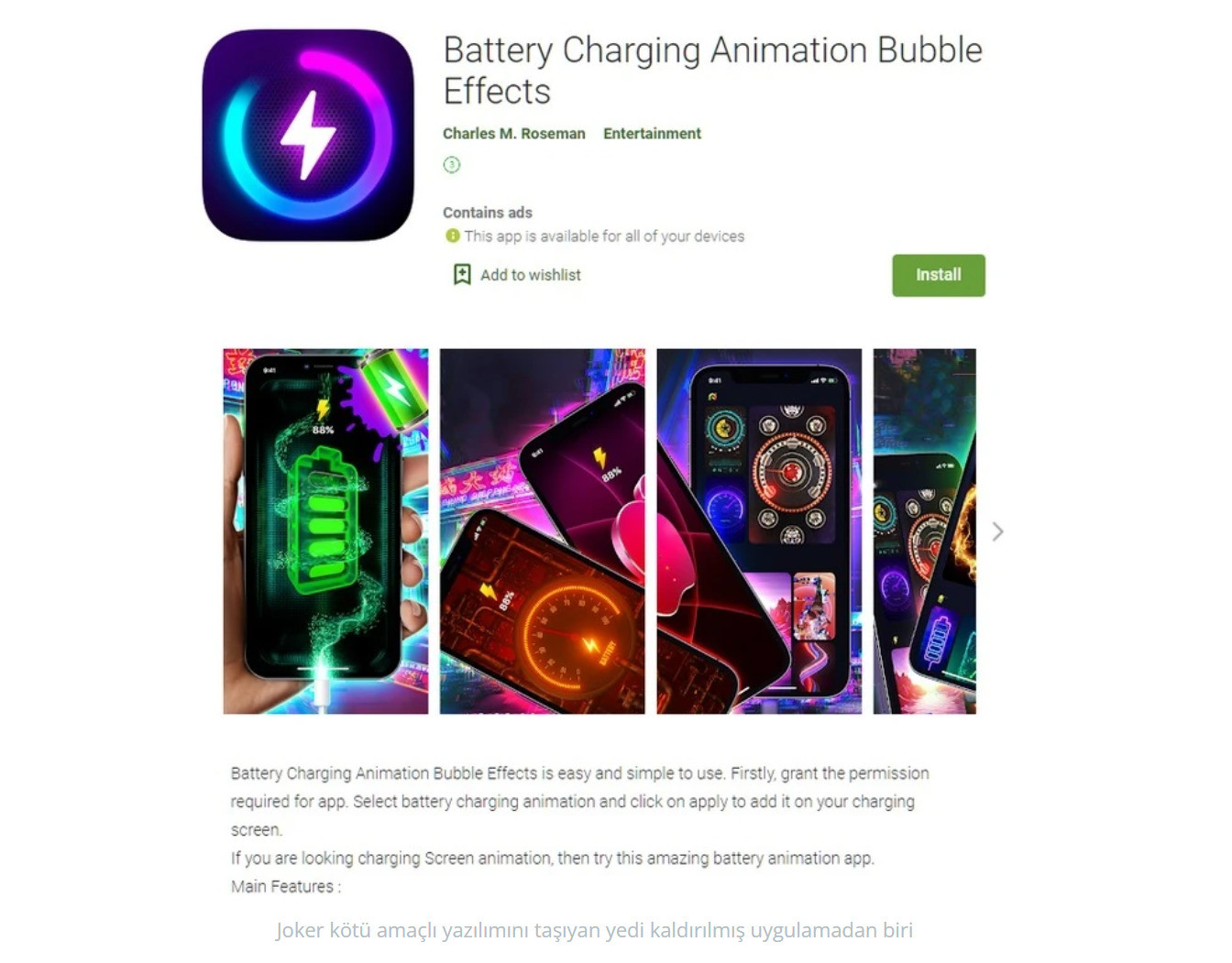 Android'deki zararlı uygulamalardan biri de Battery Charging Animation Bubble Effects.