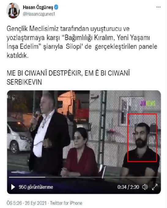HDP Şırnak Milletvekili Hasan Özgüneş'in paylaşımındaki fotoğrafta terörist Dinç görülüyor