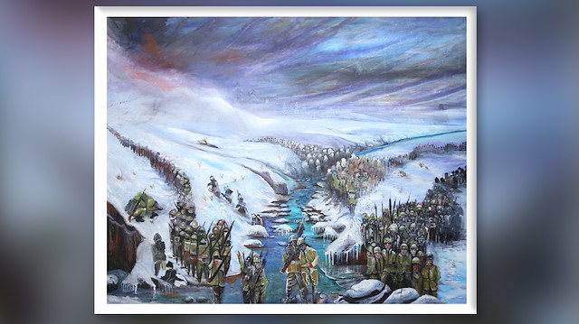Kazım Albayrak, Allahuekber dağlarındaki askerlerin karlar içindeki görüntüsünü tuvale yansıttı.
