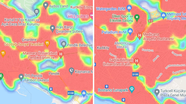 Sağlık Bakanlığının Hayata Eve Sığar Uygulaması'ndaki yoğunluk haritasında İstanbul'un çok büyük bir bölümünün kırmızıya döndüğü görülüyor.  