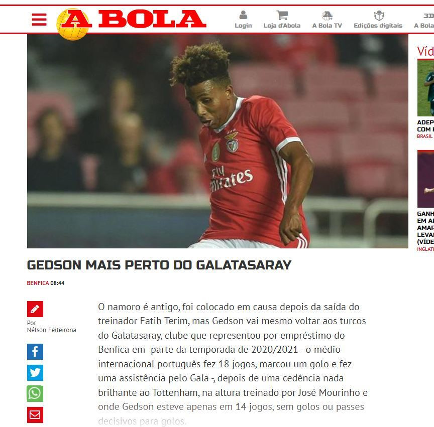 ABOLA, Gedson Fernandes'in Galatasaray ile anlaştığını açıkladı.