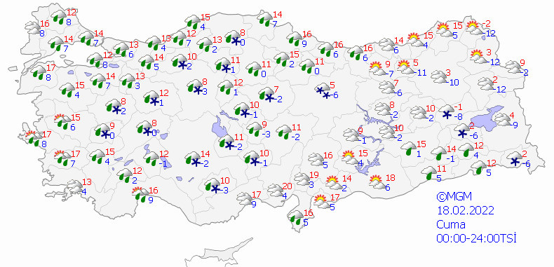 18 Şubat Cuma günü için hava durumu tahmin haritası.