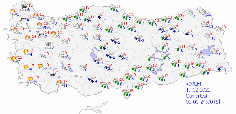 19 Şubat Cumartesi günü için hava durumu tahmin haritası.