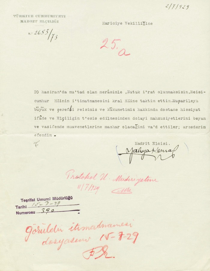 Yahya Kemal’in Madrid Elçisi olarak güven mektubunu İspanya Kralı’na sunduğunu Hariciye Vekaletine bildiren yazısı, 2 Temmuz 1929