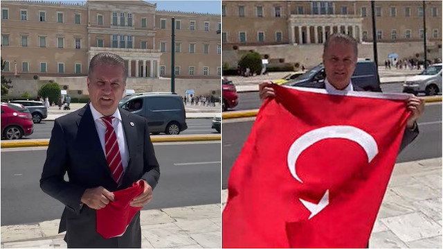 ​Yunan Parlamentosu önünde Türk bayrağı açan Mustafa Sarıgül'e saldırı girişimi.