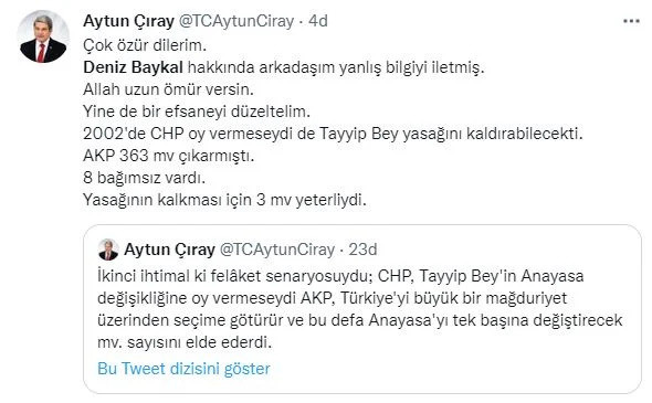 Aytun Çıray'ın 'özür' paylaşımı