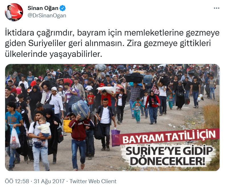 Sinan Oğan'ın 2017 yılında attığı söz konusu paylaşımlardan biri.